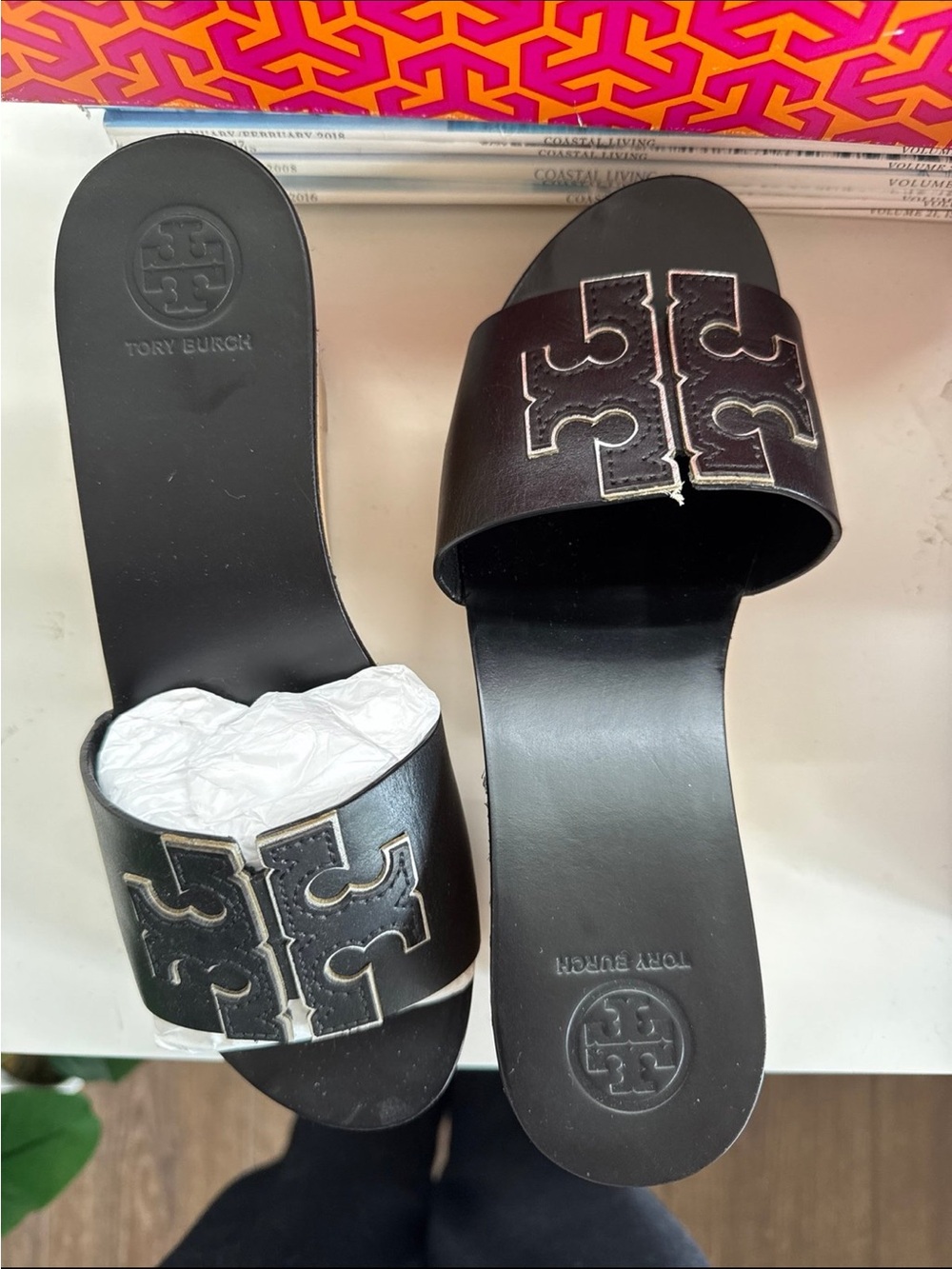 Tory Burch Black Leather Slide Wedges with Wood-Effect Platform - Picture 2 of 5